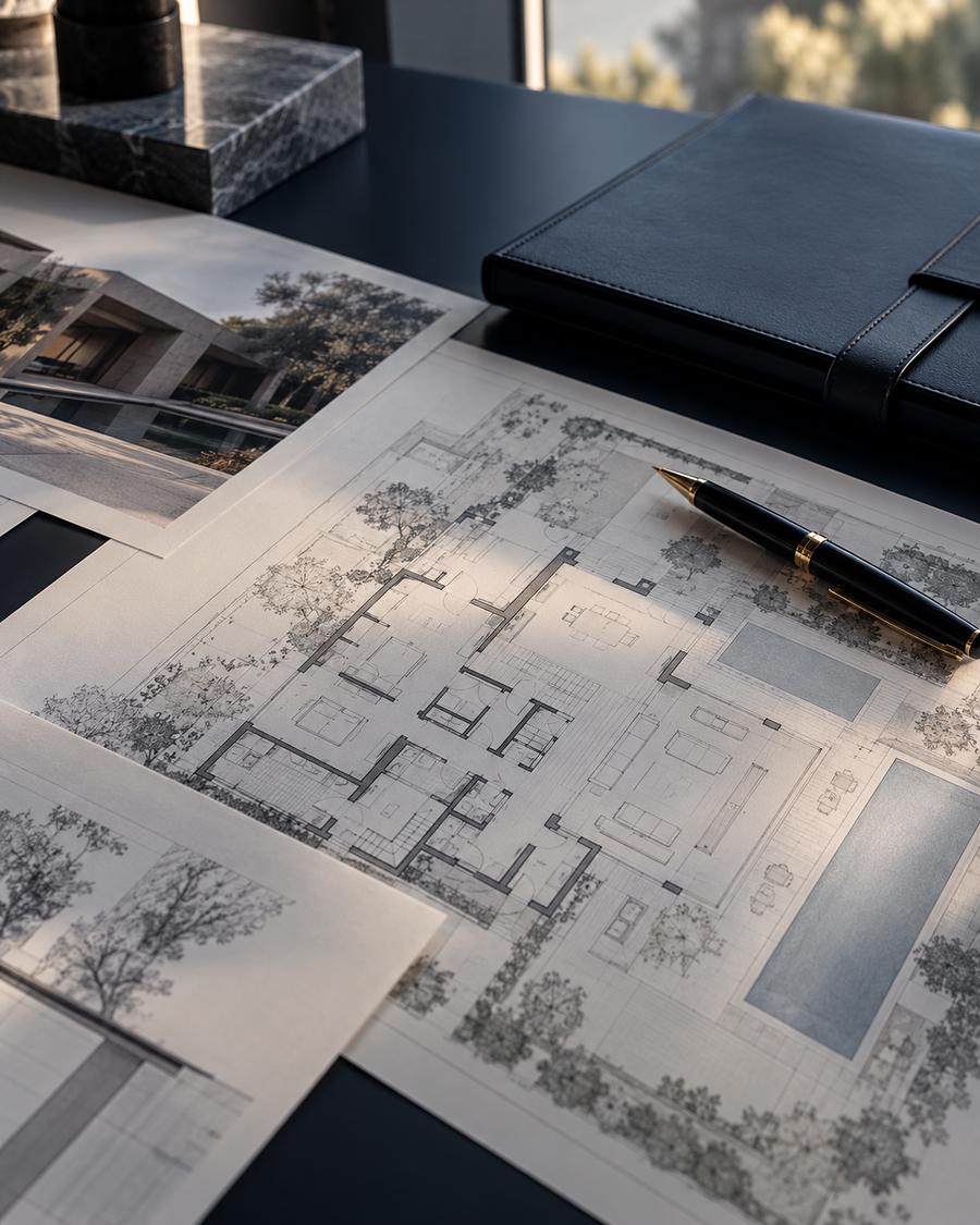 Architectural plans and a site map on a desk