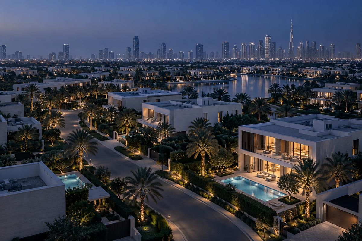 Aerial view of a Dubai villa community at dusk