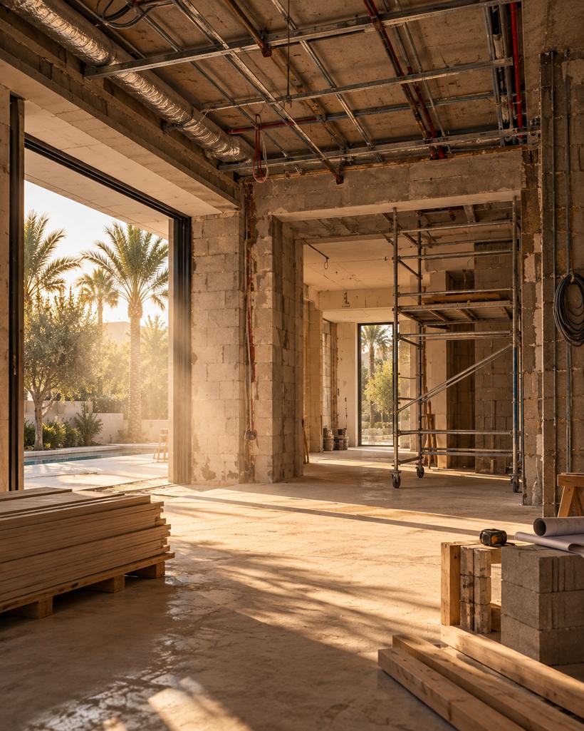 A villa interior mid-renovation, walls stripped back to structure