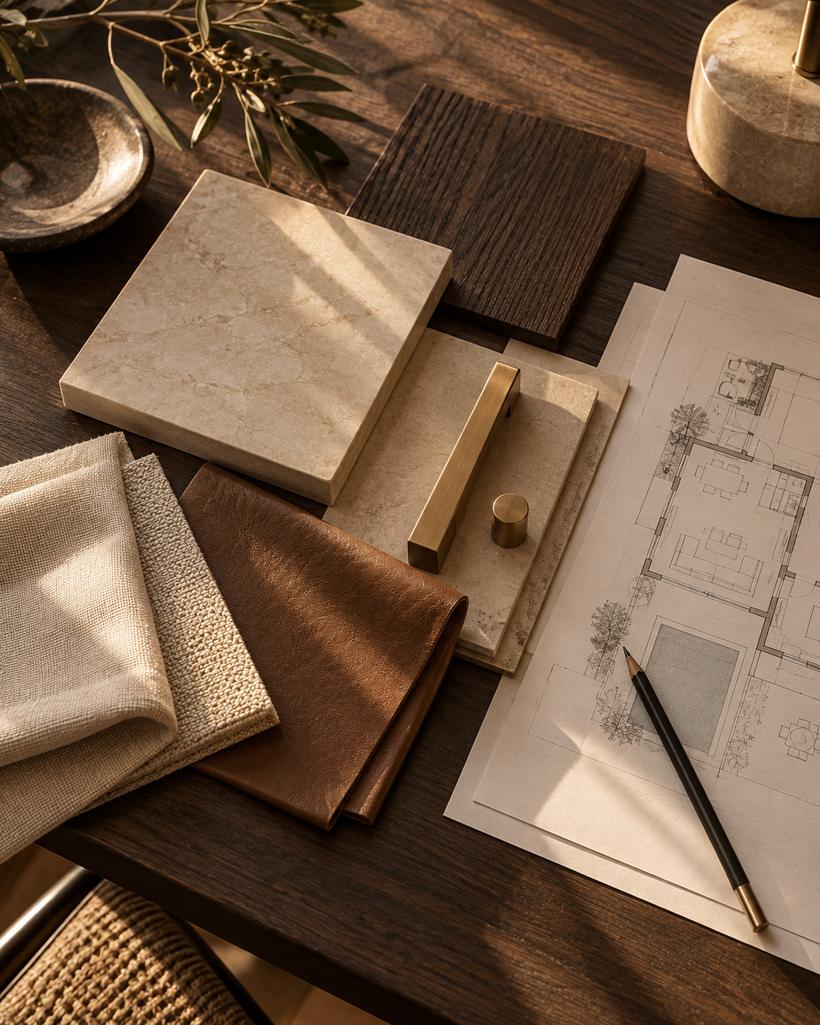 Material board with limestone, oak, brass and leather samples on architectural plans