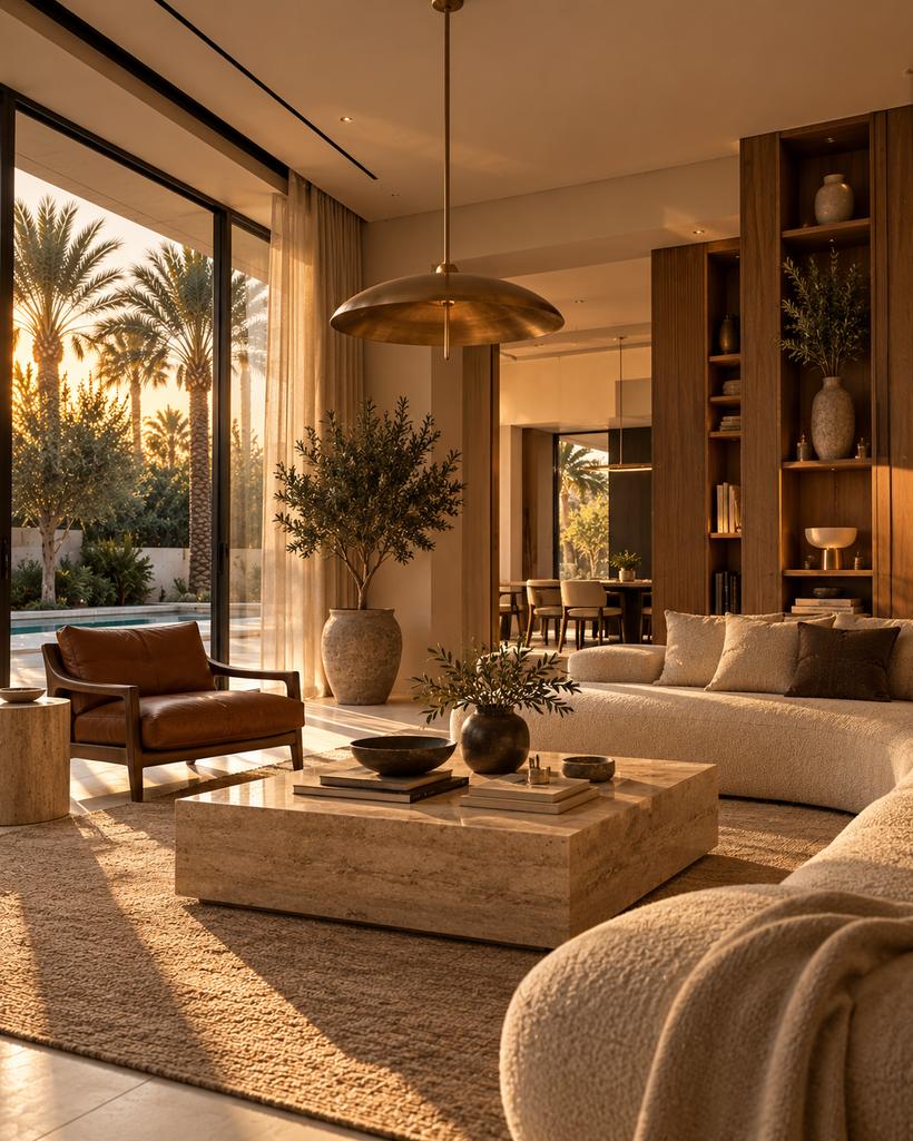 A finished, furnished living room in warm evening light