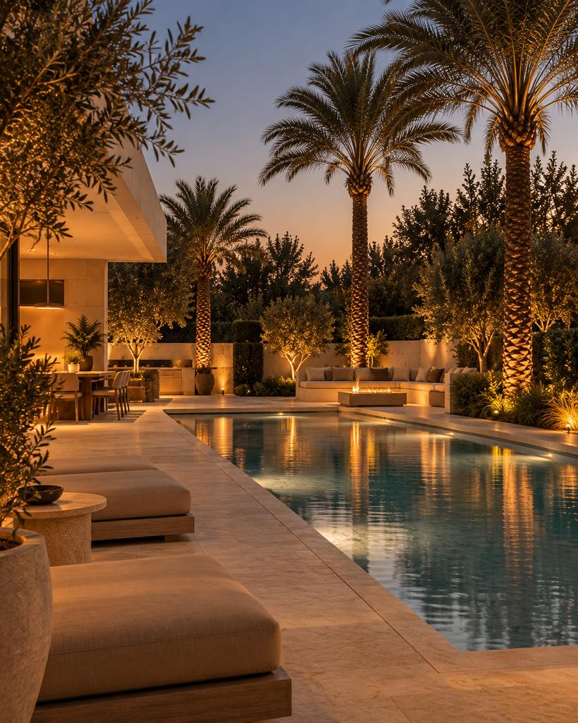 A pool terrace and garden at dusk